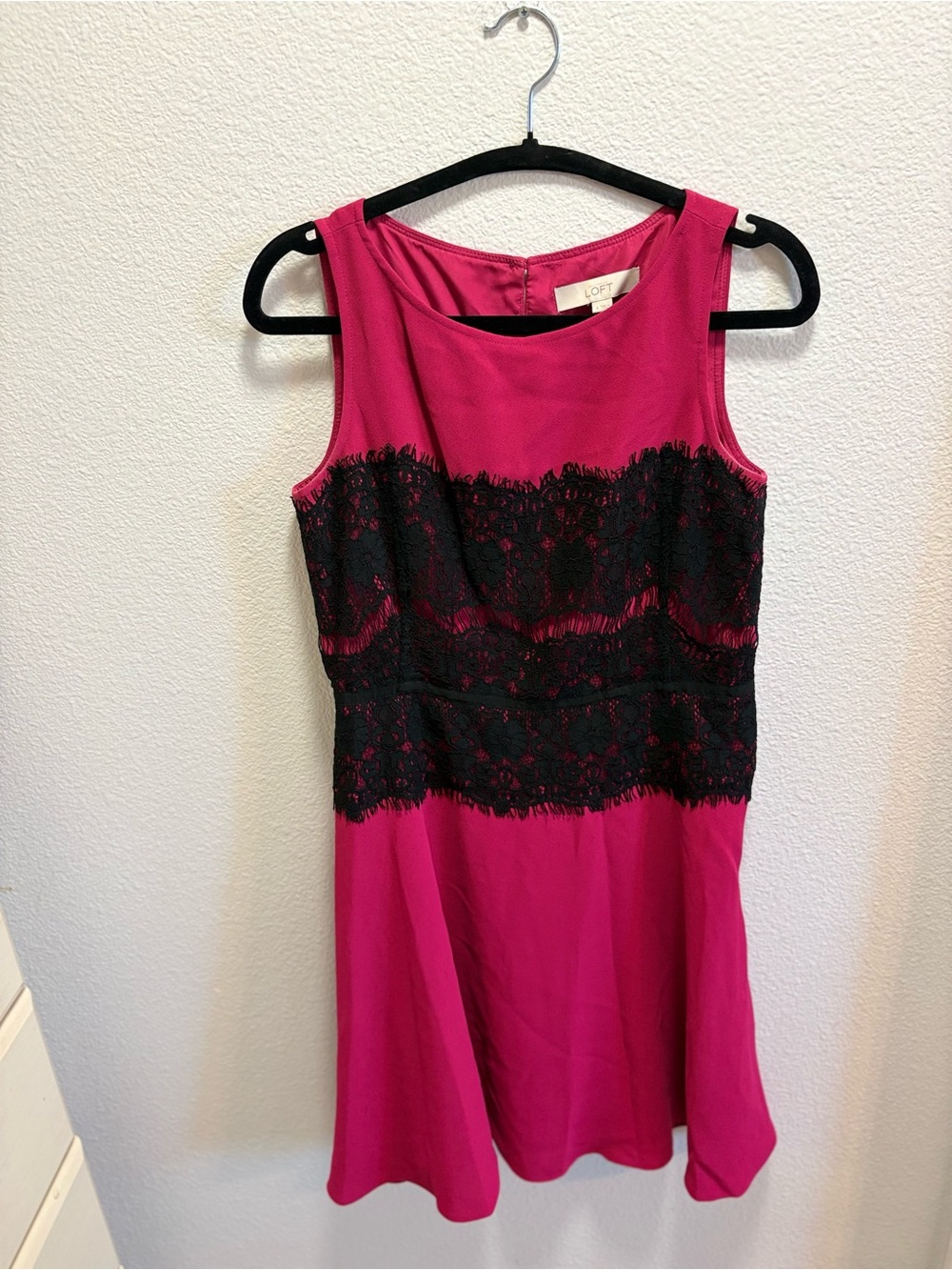 LOFT Hot Pink Sleeveless Dress with Black Lace Bodice